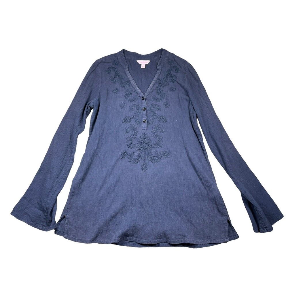 Lilly Pulitzer Blouse Women’s Long Sleeve Embroidered V‎ Neck Blue Small